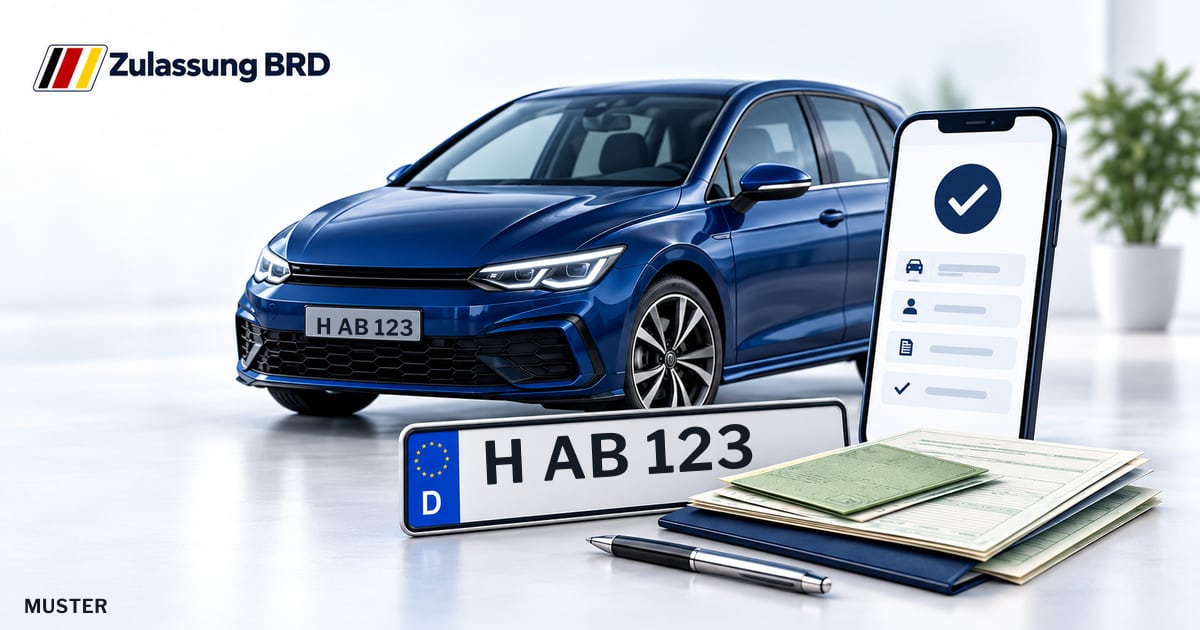 Online Fahrzeugzulassung in Springe: Musterkennzeichen H AB 123, Auto und Fahrzeugpapiere und Smartphone. Illustration mit Logo von Zulassung BRD.